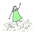 Girl in the garden feeling good, is joyful and running jumping on the lawn outdoors, cartoon.n