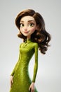 A girl in a green dress with a toy doll on white background