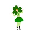 Girl in Green Irish Costume and Clover Shaped Headdress Celebrating Saint Patrick Day Vector Illustration Royalty Free Stock Photo