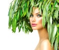 Girl with green leaves on her head