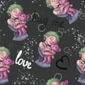 Girl with green short hair hug teddy bear ponk with love pattern Royalty Free Stock Photo