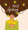 Girl in a green sweater with mimosa buoquet. Postcard design with a young cheerful girl and the inscription Hello Spring