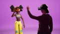 Girl greeting virtual avatar in the Metaverse