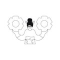 Girl grips cogs in hands. Vector art shows linearstyle.