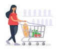 Girl with a grocery cart makes purchases in shop