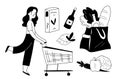 Girl at grocery store doodle set. Shopping for food . Royalty Free Stock Photo