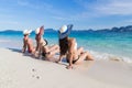 Girl Group On Beach Summer Vacation, Young Woman Back Rear View Sit On Sand Royalty Free Stock Photo