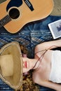 Girl Guitar Beach Music Song Headphone Rhythm Concept Royalty Free Stock Photo