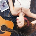 Girl Guitar Beach Music Song Headphone Rhythm Concept Royalty Free Stock Photo