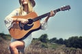 Girl Guitar Hill Vacation Music Song Happiness Concept Royalty Free Stock Photo