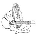 Girl with guitar outline hand drawing, coloring, vector black and white illustration. Woman with long hair in shirt and shorts bar