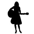 Girl guitar player silhouette, contour drawing, outline black and white portrait, vector illustration. Woman in lush skirt with a