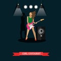 Girl Guitarist playing electric guitar on stage, vector illustration. Royalty Free Stock Photo