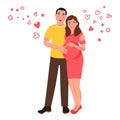 A girl and a guy of Asian nationality hug and rejoice. Romantic feelings and love. Vector illustration