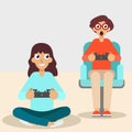 Girl and Guy with Console Joystick. Vector illustration Royalty Free Stock Photo