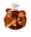 The girl and the guy drink fragrant coffee. Barista. International Coffee day.