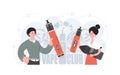 A girl and a guy are holding a vaping system in their hands. Flat style. The concept of vapor and vape. Vector