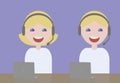 Girl and guy operators headphones microphone smiling blondes in blue light t-shirts customer service issues with laptops on the br