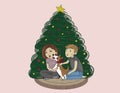 a girl and a guy are playing with a cute corgi dog with a red bow on his neck, sitting together near the christmas tree at home