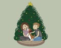 a girl and a guy are playing with a cute corgi dog with a red bow on his neck, sitting together near the christmas tree at home