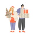 A girl and a guy are preparing for Christmas and New Year with a Christmas tree in their hands and boxes with Christmas gifts