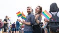 Girl and Guy with rainbow flag in their hands in a Pride festival in Sofia, Bulgaria