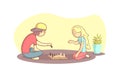 Girl And Guy Sitting on the Floor and Playing Chess Vector Illustration Royalty Free Stock Photo