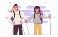 Girl with a guy travel with backpacks. Travelers outdoor. Adventures. Tracking. Mountain climbing and hiking. Flat illustration. .