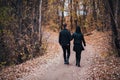 The girl and the guy are walking in the autumn forest Royalty Free Stock Photo