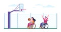 Girl and guy in wheelchairs playing basketball. Outdoor sports field. Disabled people throwing ball. Happy paralyzed man Royalty Free Stock Photo