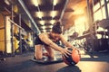 Girl in gym train with ball Royalty Free Stock Photo