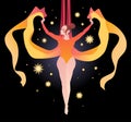 Girl gymnast on aerial silk against the background of the night sky and stars. Simple color vector illustration