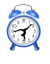 A girl gymnast balances in a hand stand on the face of a clock