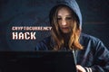 Girl hacker with a face is trying to steal cryptocurrency using a computer. Fraud and scam at Cryptojacking Royalty Free Stock Photo