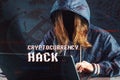 Girl hacker without a face is trying to steal cryptocurrency using a computer. Fraud and scam at Cryptojacking Royalty Free Stock Photo