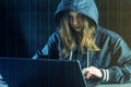 Girl hacker uses a laptop to hack the system. Stealing personal data. Creation and infection of malicious virus.