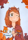 Drawing of a girl and a red cat in anime style Royalty Free Stock Photo