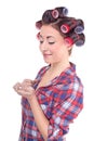 Girl with hair curlers rollers Royalty Free Stock Photo