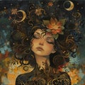 Girl with hair made of flowers and stars, sense of peace and oneness with the universe