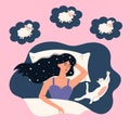 Girl with hair in stars is lying in bed with white cat. Royalty Free Stock Photo