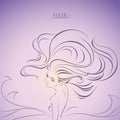 Girl half-turned with fluttering hair in linear style with gradient. Hand drawn vector illustration isolated on a purple