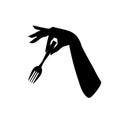 Girl hand keep fork black silhouette. Firmly holds, womans hungry hand. Isolated vector