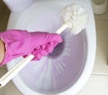 girl hand with pink rubber gloves is cleaning toilet bowl by using toilet brush. Royalty Free Stock Photo