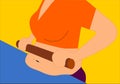 Girl hands keep rolling pin with fat on body. concept to reduce belly. vector art style illustration.