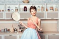 The girl in the hands of a rolling pin pan. Royalty Free Stock Photo