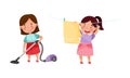 Girl hanging clothes out to dry and vacuuming floor. Kids helping parents with housework, household chores cartoon Royalty Free Stock Photo