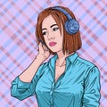 Girl happiness from music Beautiful women listen to music from headphones Illustration vector On pop art comics style