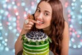 Girl with happy birthday cake Royalty Free Stock Photo