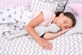 Girl happy child lay bed pillow and blanket bedroom. Lullaby concept. Ways to fall asleep faster. Fall asleep as fast as Royalty Free Stock Photo