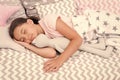 Girl happy child lay bed pillow and blanket bedroom. Lullaby concept. Ways to fall asleep faster. Fall asleep as fast as Royalty Free Stock Photo